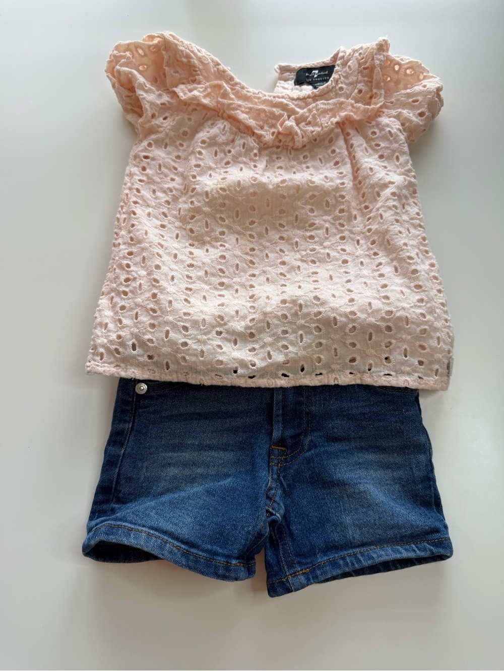 7 For All Mankind Eyelet Ruffle Blouse & Denim Shorts Set - Pale Pink & Blue